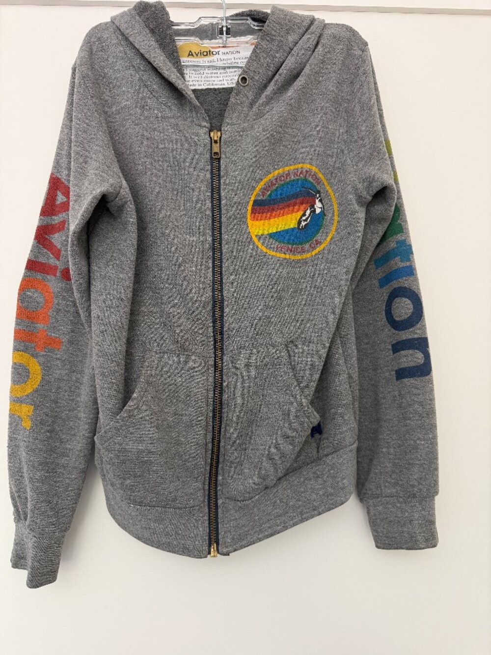 Aviator Nation Kids Rainbow Logo Zip-Up Hoodie Heather Grey | Size 12